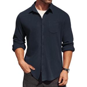imageCOOFANDY Mens Long Sleeve Button Down Shirt Casual Lightweight Jacket Shirt with PocketsDark Blue