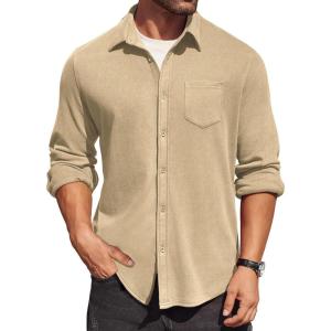 imageCOOFANDY Mens Long Sleeve Button Down Shirt Casual Lightweight Jacket Shirt with PocketsKhaki