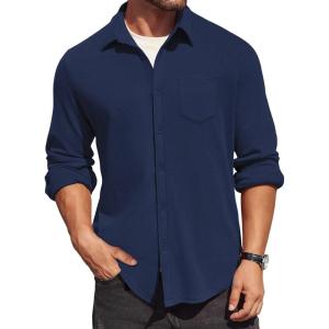 imageCOOFANDY Mens Long Sleeve Button Down Shirt Casual Lightweight Jacket Shirt with PocketsNavy Blue