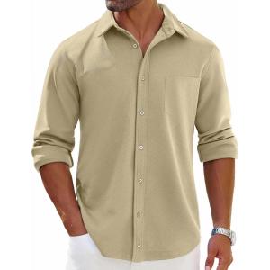 imageCOOFANDY Mens Long Sleeve Button Down Shirts Wrinkle Free Shacket Jacket Stretch Casual OvershirtKhaki