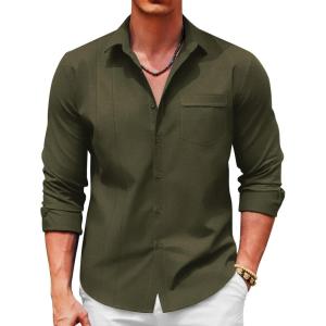 imageCOOFANDY Men Linen Shirts Guayabera Cuban Shirts Long Sleeve Dress Shirts Beach Wedding ShirtsArmy Green