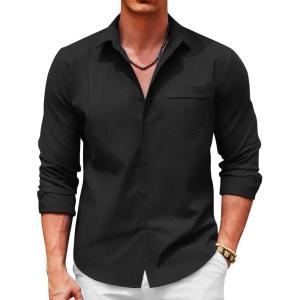 imageCOOFANDY Men Linen Shirts Guayabera Cuban Shirts Long Sleeve Dress Shirts Beach Wedding ShirtsBlack