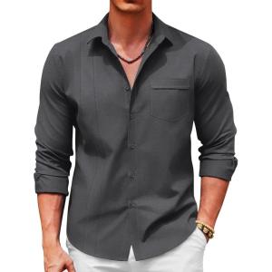 imageCOOFANDY Men Linen Shirts Guayabera Cuban Shirts Long Sleeve Dress Shirts Beach Wedding ShirtsDark Grey