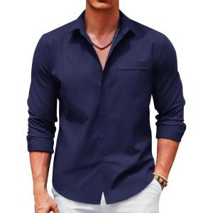 imageCOOFANDY Men Linen Shirts Guayabera Cuban Shirts Long Sleeve Dress Shirts Beach Wedding ShirtsNavy Blue