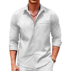 imageCOOFANDY Men Linen Shirts Guayabera Cuban Shirts Long Sleeve Dress Shirts Beach Wedding ShirtsWhite