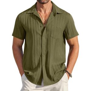 imageCOOFANDY Mens Casual Button Down Shirts Short Sleeve Textured Summer Beach Shirt with PocketArmy Green