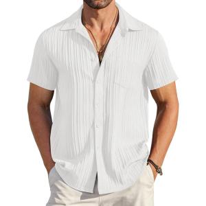 imageCOOFANDY Mens Casual Button Down Shirts Short Sleeve Textured Summer Beach Shirt with PocketAwhite
