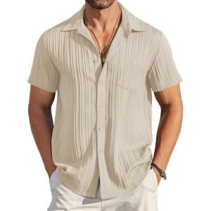 imageCOOFANDY Mens Casual Button Down Shirts Short Sleeve Textured Summer Beach Shirt with PocketBeige