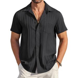 imageCOOFANDY Mens Casual Button Down Shirts Short Sleeve Textured Summer Beach Shirt with PocketBlack
