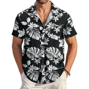 imageCOOFANDY Mens Casual Button Down Shirts Short Sleeve Textured Summer Beach Shirt with PocketBlackwhite Leaves