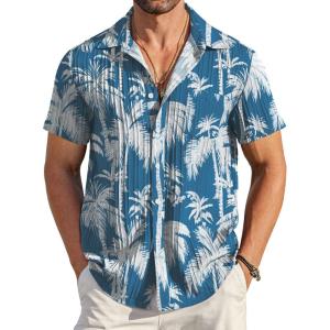 imageCOOFANDY Mens Casual Button Down Shirts Short Sleeve Textured Summer Beach Shirt with PocketBluecoconut Tree