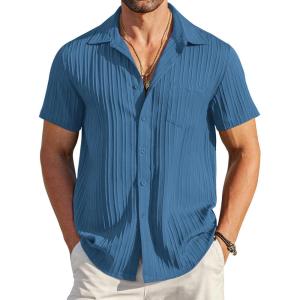 imageCOOFANDY Mens Casual Button Down Shirts Short Sleeve Textured Summer Beach Shirt with PocketDark Blue