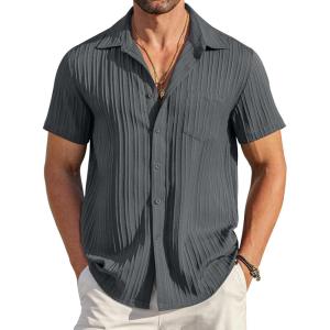 imageCOOFANDY Mens Casual Button Down Shirts Short Sleeve Textured Summer Beach Shirt with PocketDark Grey