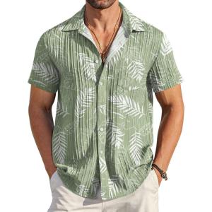 imageCOOFANDY Mens Casual Button Down Shirts Short Sleeve Textured Summer Beach Shirt with PocketGreenwhite Leaves