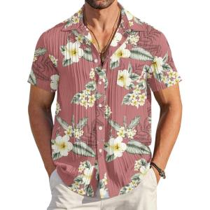 imageCOOFANDY Mens Casual Button Down Shirts Short Sleeve Textured Summer Beach Shirt with PocketHibiscus Flowerpink
