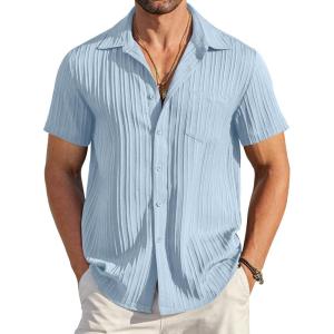 imageCOOFANDY Mens Casual Button Down Shirts Short Sleeve Textured Summer Beach Shirt with PocketLight Blue