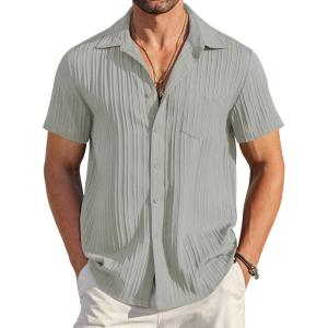 imageCOOFANDY Mens Casual Button Down Shirts Short Sleeve Textured Summer Beach Shirt with PocketLight Grey