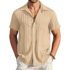 imageCOOFANDY Mens Casual Button Down Shirts Short Sleeve Textured Summer Beach Shirt with PocketLight Khaki