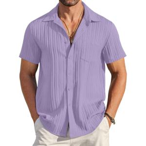 imageCOOFANDY Mens Casual Button Down Shirts Short Sleeve Textured Summer Beach Shirt with PocketLight Purple
