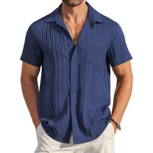 imageCOOFANDY Mens Casual Button Down Shirts Short Sleeve Textured Summer Beach Shirt with PocketNavy Blue