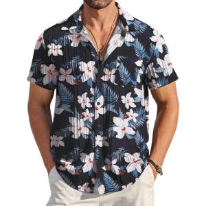 imageCOOFANDY Mens Casual Button Down Shirts Short Sleeve Textured Summer Beach Shirt with PocketNavywhite Floral