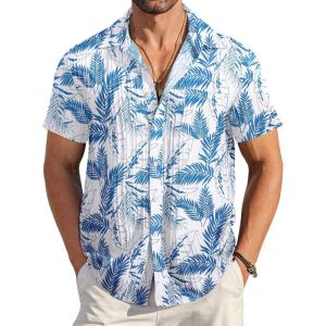 imageCOOFANDY Mens Casual Button Down Shirts Short Sleeve Textured Summer Beach Shirt with PocketWhiteblue Leaves