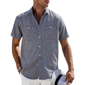 imageCOOFANDY Mens Linen Shirt Beach Summer Short Sleeve Button Down Casual ShirtsAzure Blue