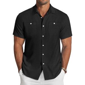 imageCOOFANDY Mens Linen Shirt Beach Summer Short Sleeve Button Down Casual ShirtsBlack
