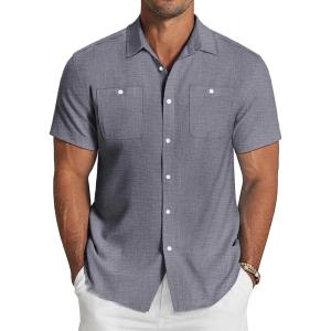 imageCOOFANDY Mens Linen Shirt Beach Summer Short Sleeve Button Down Casual ShirtsBlue