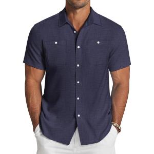 imageCOOFANDY Mens Linen Shirt Beach Summer Short Sleeve Button Down Casual ShirtsBlueviolet
