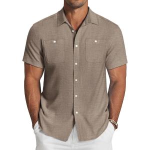 imageCOOFANDY Mens Linen Shirt Beach Summer Short Sleeve Button Down Casual ShirtsBrown
