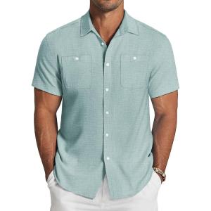 imageCOOFANDY Mens Linen Shirt Beach Summer Short Sleeve Button Down Casual ShirtsLake Green