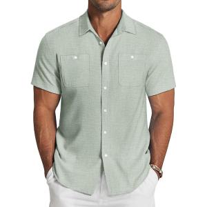 imageCOOFANDY Mens Linen Shirt Beach Summer Short Sleeve Button Down Casual ShirtsLight Green