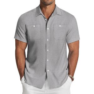 imageCOOFANDY Mens Linen Shirt Beach Summer Short Sleeve Button Down Casual ShirtsLight Grey
