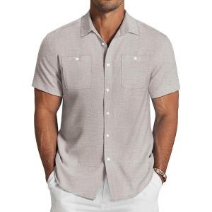 imageCOOFANDY Mens Linen Shirt Beach Summer Short Sleeve Button Down Casual ShirtsLight Khaki