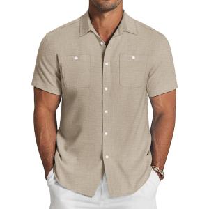 imageCOOFANDY Mens Linen Shirt Beach Summer Short Sleeve Button Down Casual ShirtsShallow Coffee