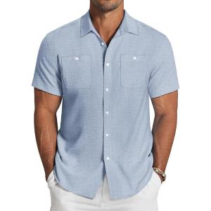imageCOOFANDY Mens Linen Shirt Beach Summer Short Sleeve Button Down Casual ShirtsSky Blue