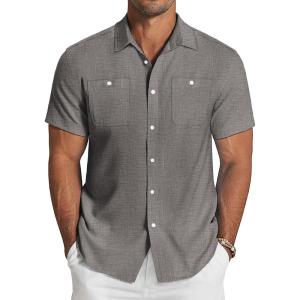 imageCOOFANDY Mens Linen Shirt Beach Summer Short Sleeve Button Down Casual ShirtsTextured Black
