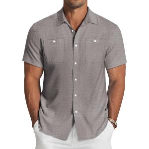imageCOOFANDY Mens Linen Shirt Beach Summer Short Sleeve Button Down Casual ShirtsTextured Grey