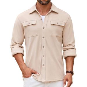 imageCOOFANDY Mens Shirt Jacket Long Sleeve Overshirt Casual Button Down Shacket Thermal Shirts with PocketsBeige