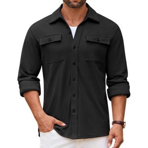 imageCOOFANDY Mens Shirt Jacket Long Sleeve Overshirt Casual Button Down Shacket Thermal Shirts with PocketsBlack