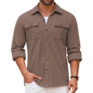 imageCOOFANDY Mens Shirt Jacket Long Sleeve Overshirt Casual Button Down Shacket Thermal Shirts with PocketsBrown