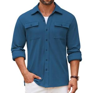 imageCOOFANDY Mens Shirt Jacket Long Sleeve Overshirt Casual Button Down Shacket Thermal Shirts with PocketsDenim Blue