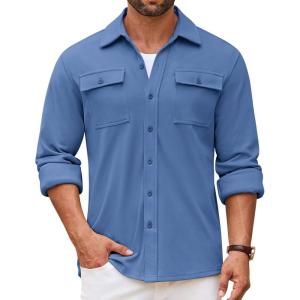 imageCOOFANDY Mens Shirt Jacket Long Sleeve Overshirt Casual Button Down Shacket Thermal Shirts with PocketsGrey Blue