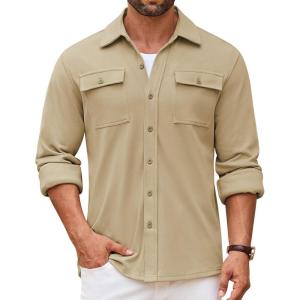 imageCOOFANDY Mens Shirt Jacket Long Sleeve Overshirt Casual Button Down Shacket Thermal Shirts with PocketsKhaki