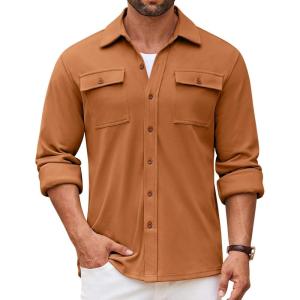 imageCOOFANDY Mens Shirt Jacket Long Sleeve Overshirt Casual Button Down Shacket Thermal Shirts with PocketsLight Brown