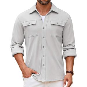 imageCOOFANDY Mens Shirt Jacket Long Sleeve Overshirt Casual Button Down Shacket Thermal Shirts with PocketsLight Grey