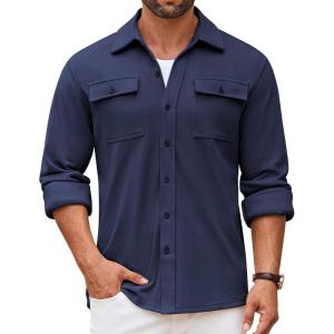 imageCOOFANDY Mens Shirt Jacket Long Sleeve Overshirt Casual Button Down Shacket Thermal Shirts with PocketsNavy Blue