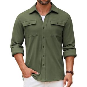 imageCOOFANDY Mens Shirt Jacket Long Sleeve Overshirt Casual Button Down Shacket Thermal Shirts with PocketsOlive Green