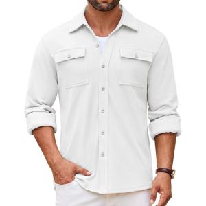 imageCOOFANDY Mens Shirt Jacket Long Sleeve Overshirt Casual Button Down Shacket Thermal Shirts with PocketsWhite